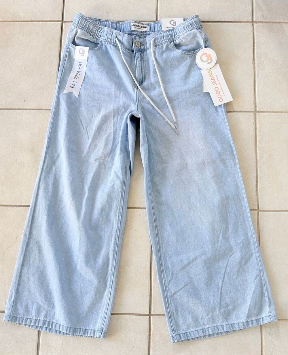 NWT GOGO JEANS 14 Soft Wide-Leg Denim Drawstring Light Wash Relaxed Jeans Pants